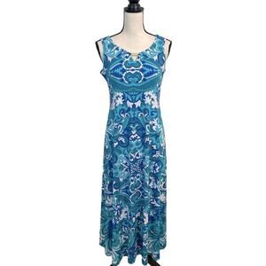 aDressing Woman Blue Aqua Scroll Swirl Keyhole Maxi Dress Size Medium
